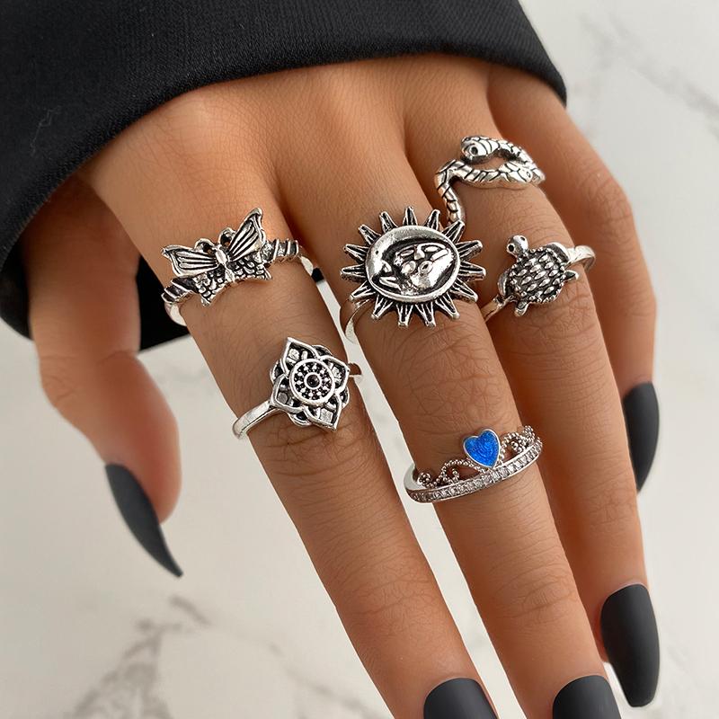 Vintage Gold Silver Color Geometric Rectangle Round Rings Set for Women Men Fashion Snake Sun Leaves Rings Jewelry Gift
