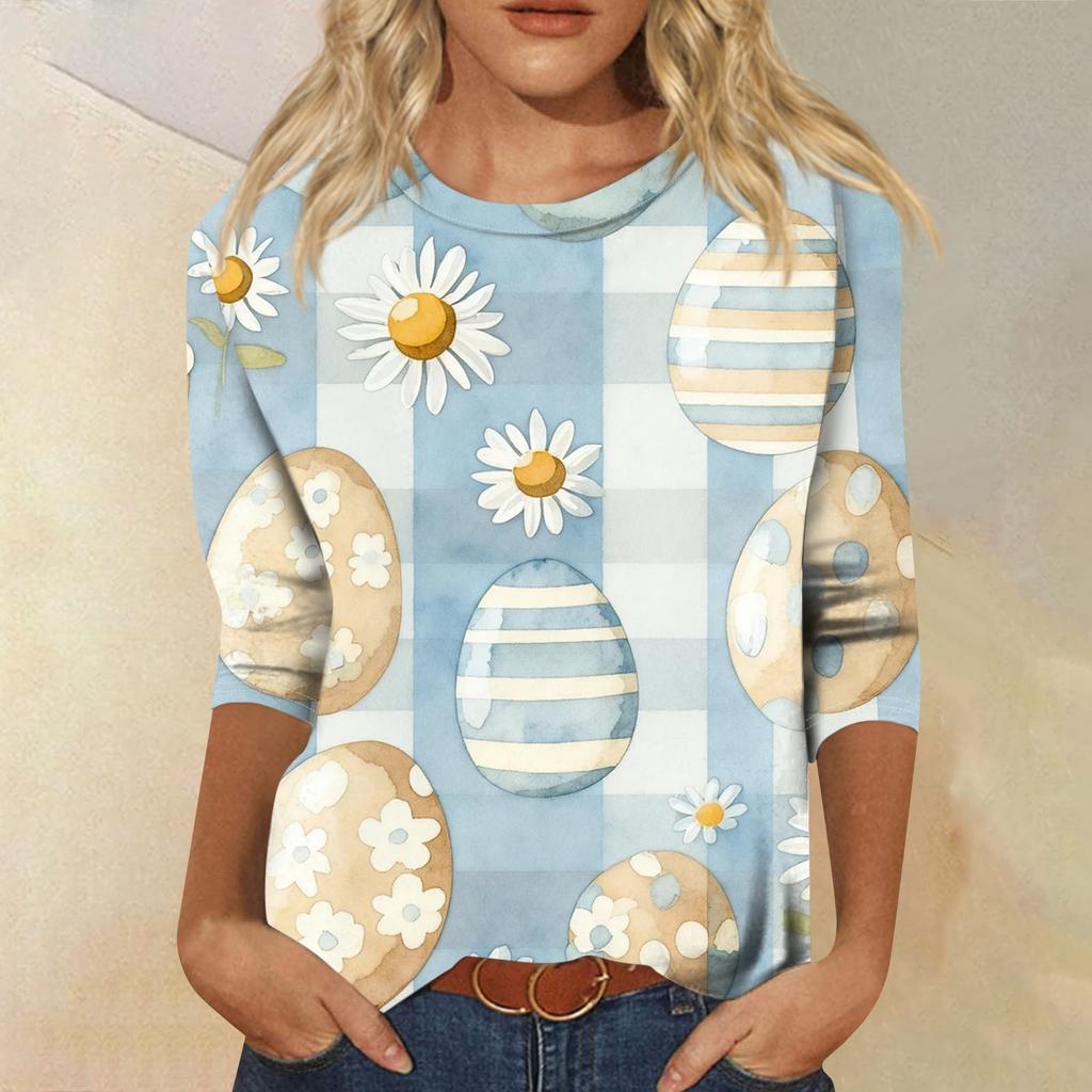 Women's Fashion Casual Sleeve Easter Elements Print Round Neck Top