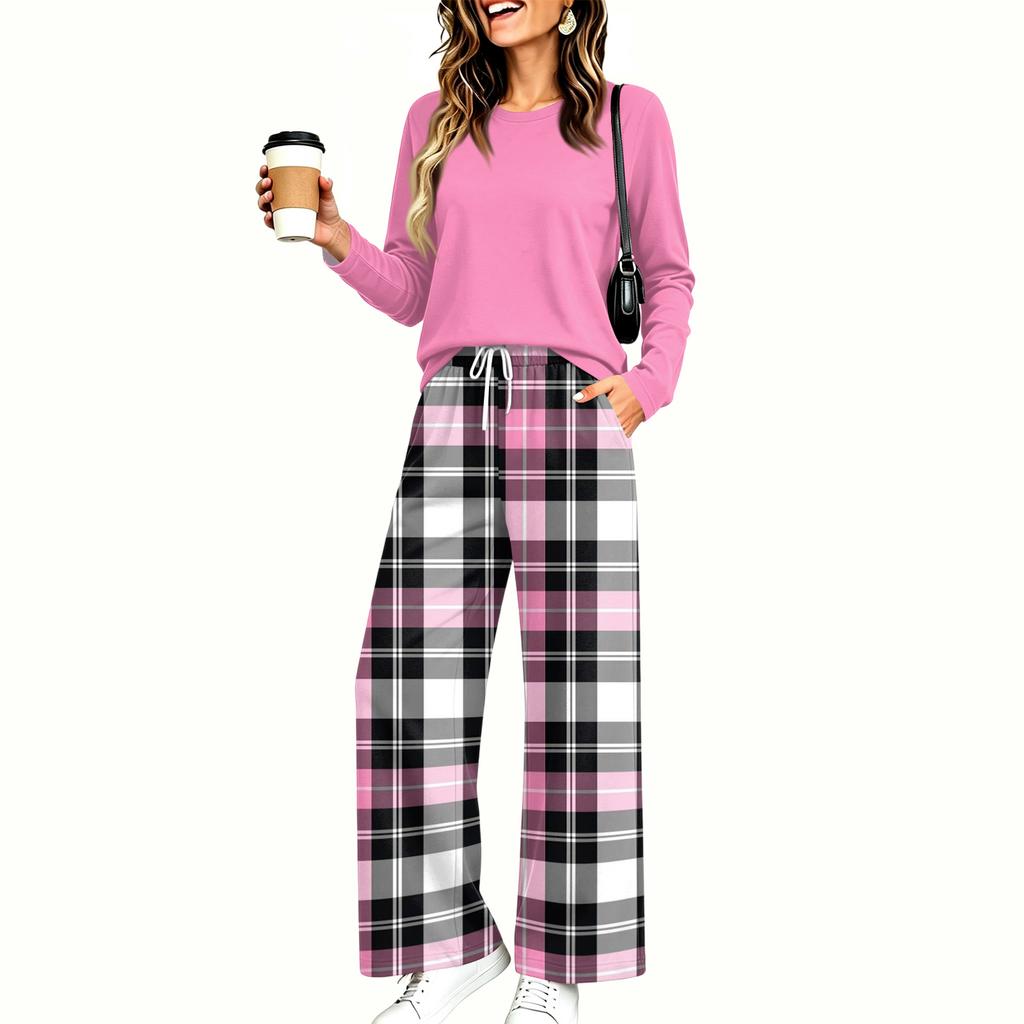 Set Pigiama Casual da Donna con Tasche Manica Lunga Stampato Girocollo Vestibilità Larga Abbigliamento per la Casa