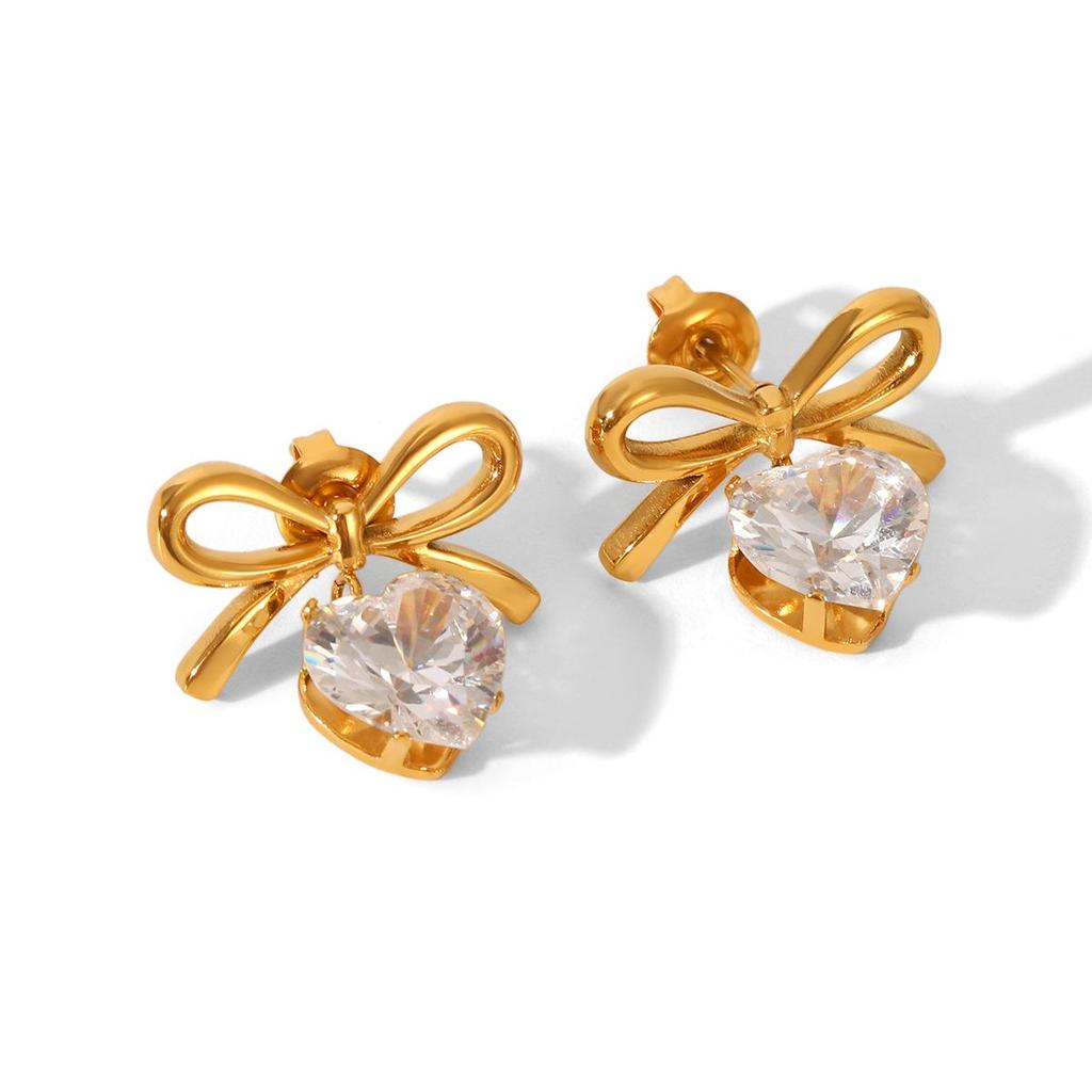 Stainless Steel Zircon Heart & Bow Earrings - European & American Inspired Luxury Titanium Jewelry