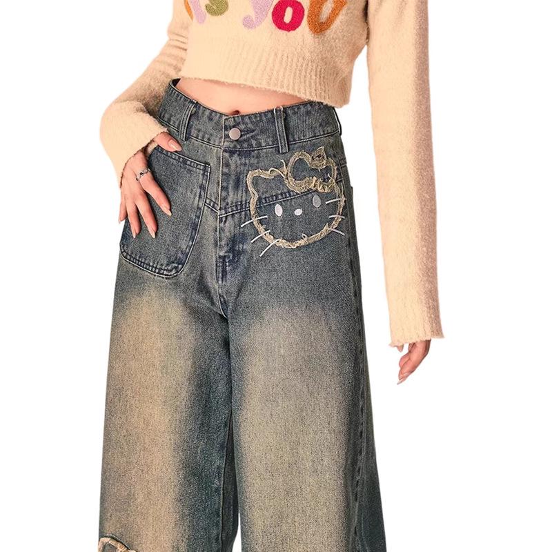 Women’s Retro Cat Embroidered High-Waist Wide-Leg Jeans - 2025 Spring/Autumn Collection