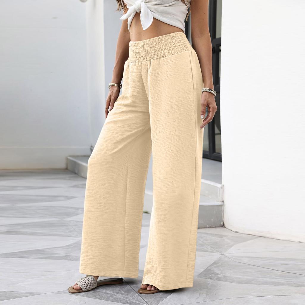 Linen Casual Wide Leg Pants For Women Elastic Waist Versatile Business Casual Work Palazzo Trousers With Pockets