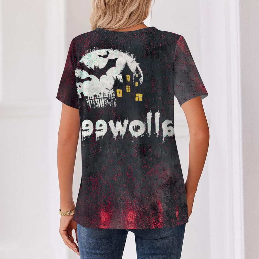 Women's Casual Halloween Print V Neck Button Front Three Quarter Sleeve T Shirt Top Lightweight Soft Fabric Comfortable Fit