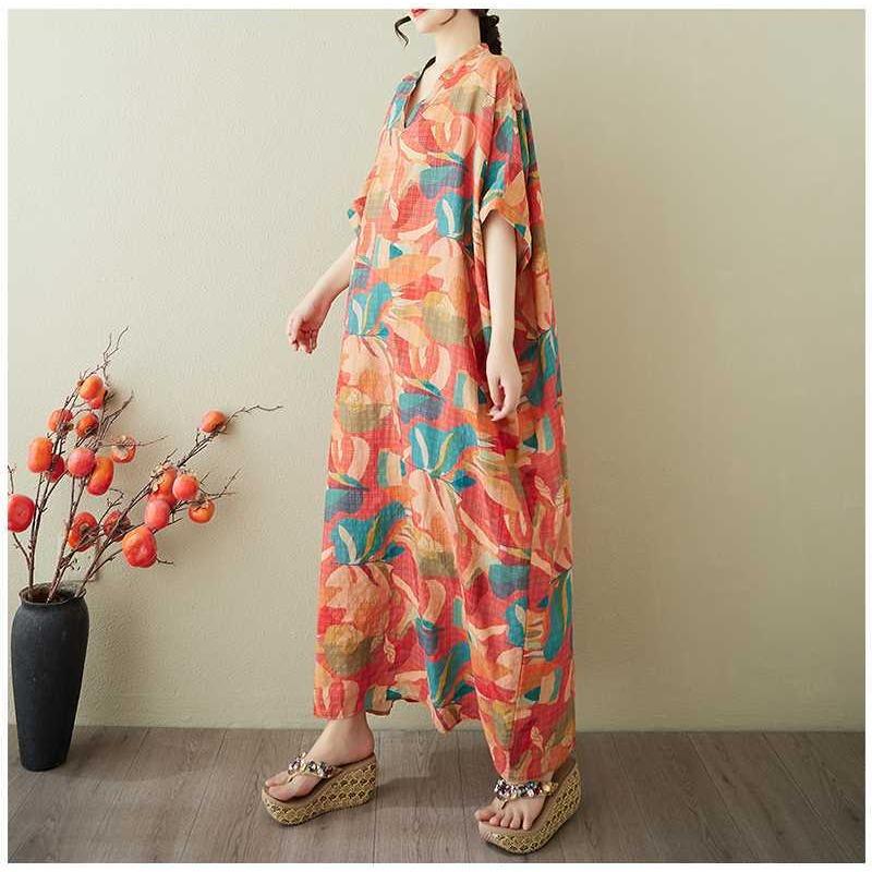 Women's Vintage Long Dress with Cotton and Linen Patterns