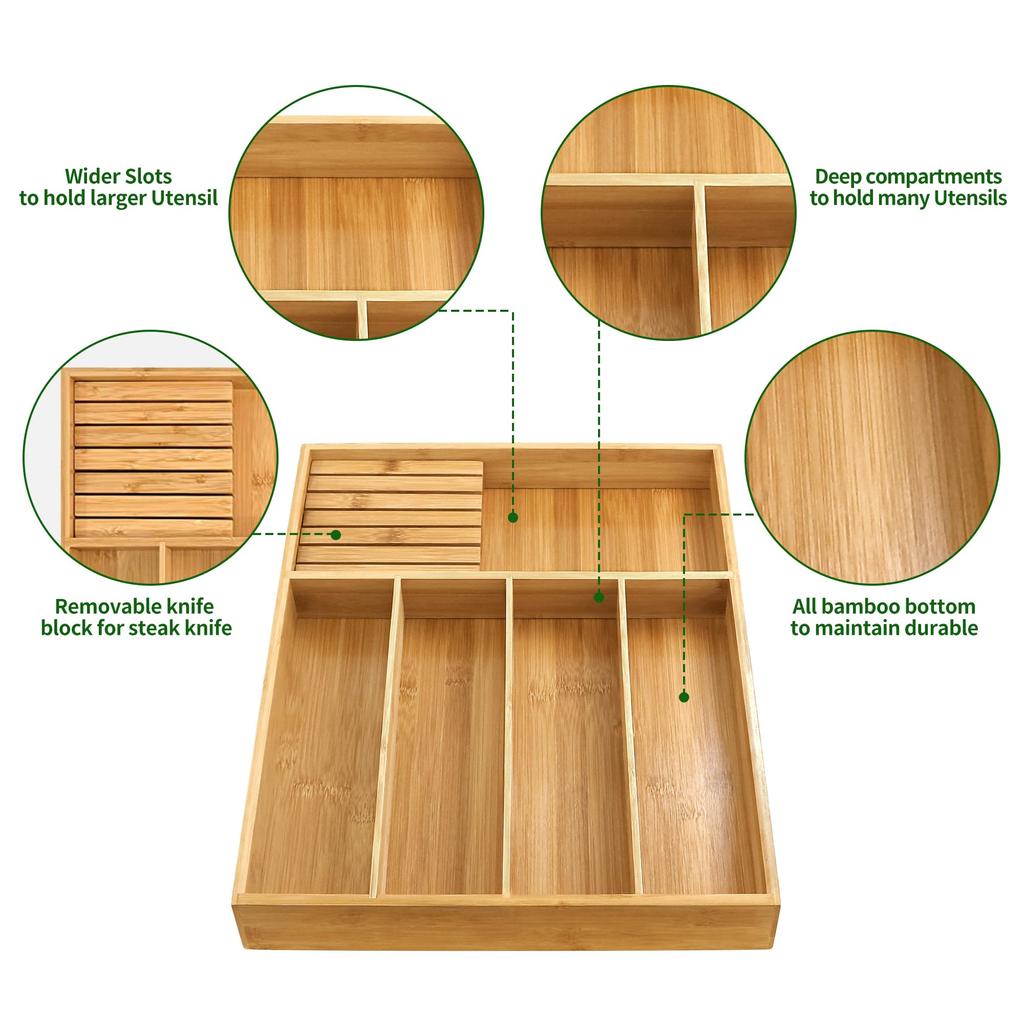 VaeFae Bambus Besteck Organizer Schublade Geschirr Küchenschublade Besteckablage mit Trennwänden und Messerblock Geschirr Organizer (Nicht erweiterbar), Halter,