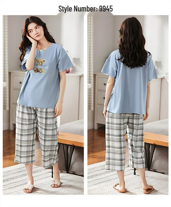 Aifen Teng Women's Summer Cotton Pajama Set: Short Sleeve Top & Three-Quarter Pants, Plus Size, All Cotton