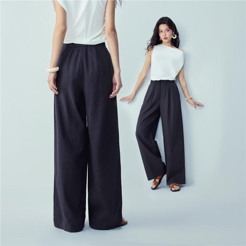 Giordano Women's Loose Straight Elastic Waist Cotton Linen Pants