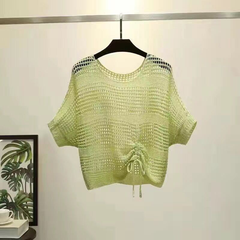 Camisa de malla de jersey corto holgado coreano de manga corta de verano para mujer de punto calado