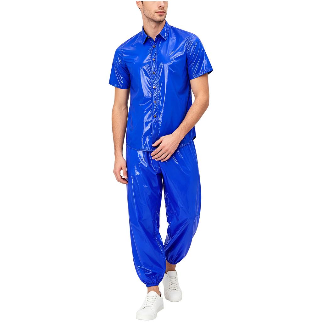 S-3XL Men Waterproof Tracksuit Short Sleeve Front Button Lapel T-Shirt with Elastic Waistband Jogging Pants for Sauna Sweat Rainwear
