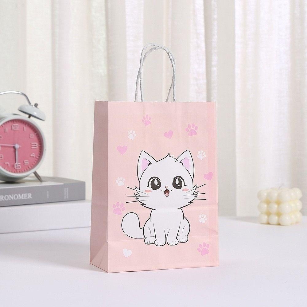12pcs New Cute Cat Pattern Party Favor Bags 21x15cm Thickened Kitten Goodie Bag with Handle Candy Gifts Bag for Baby Shower