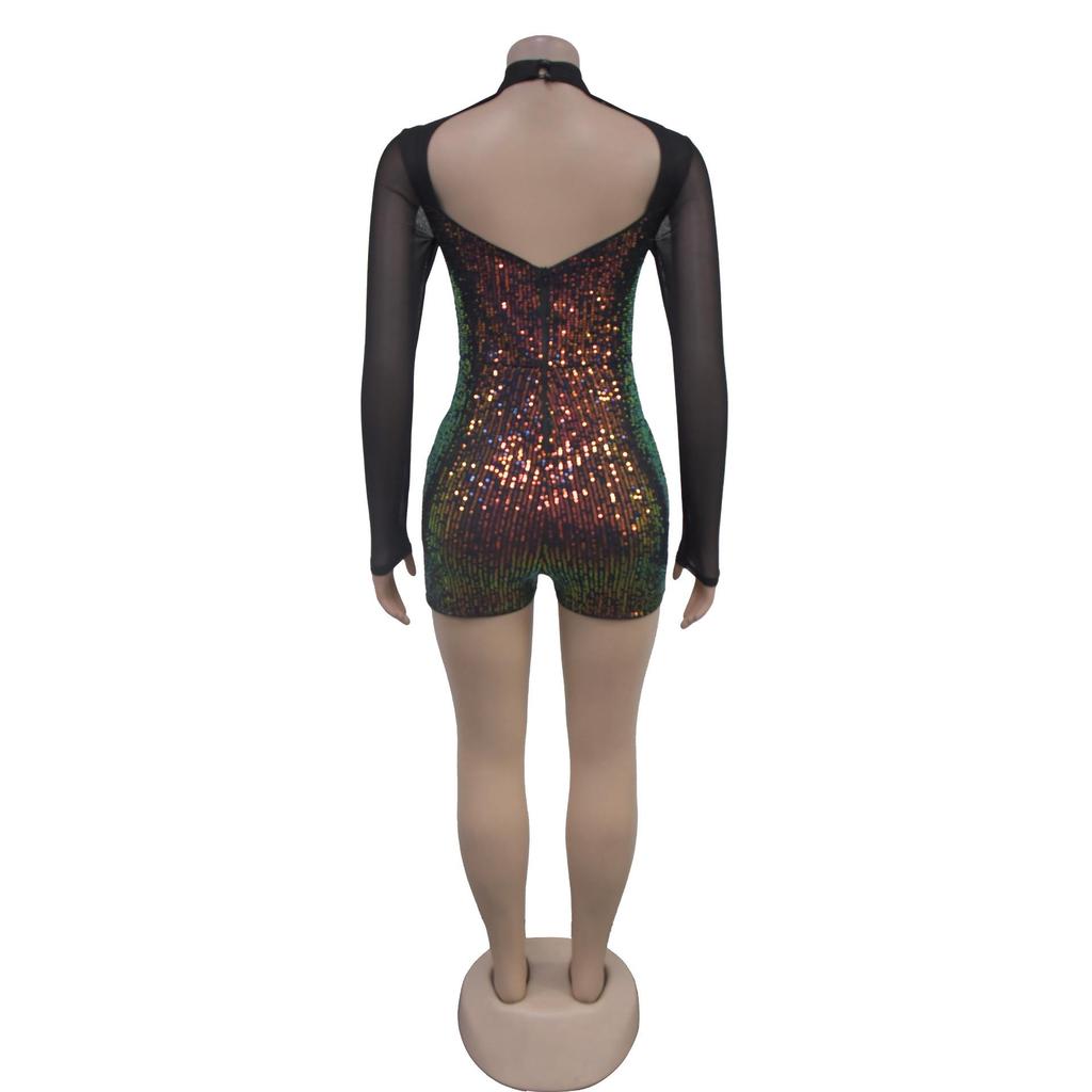 C7055 European & American Sequin Deep V Long Sleeve Mini Dress - Women's Fashion