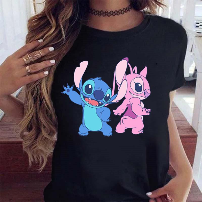 New Fashion FeUnisex Clothing Cartoon Disney Stitch Womens Tshirt Summer Short Sleeve Black Tops