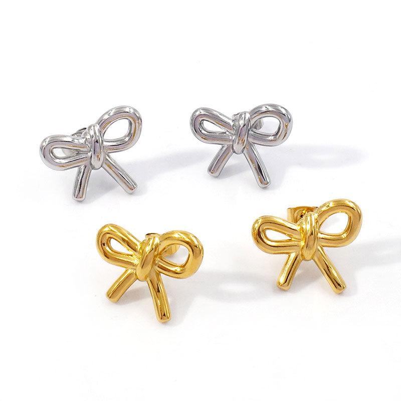 Gold-Plated Bow Earrings - Women's Titanium Steel Light Luxury French Design
