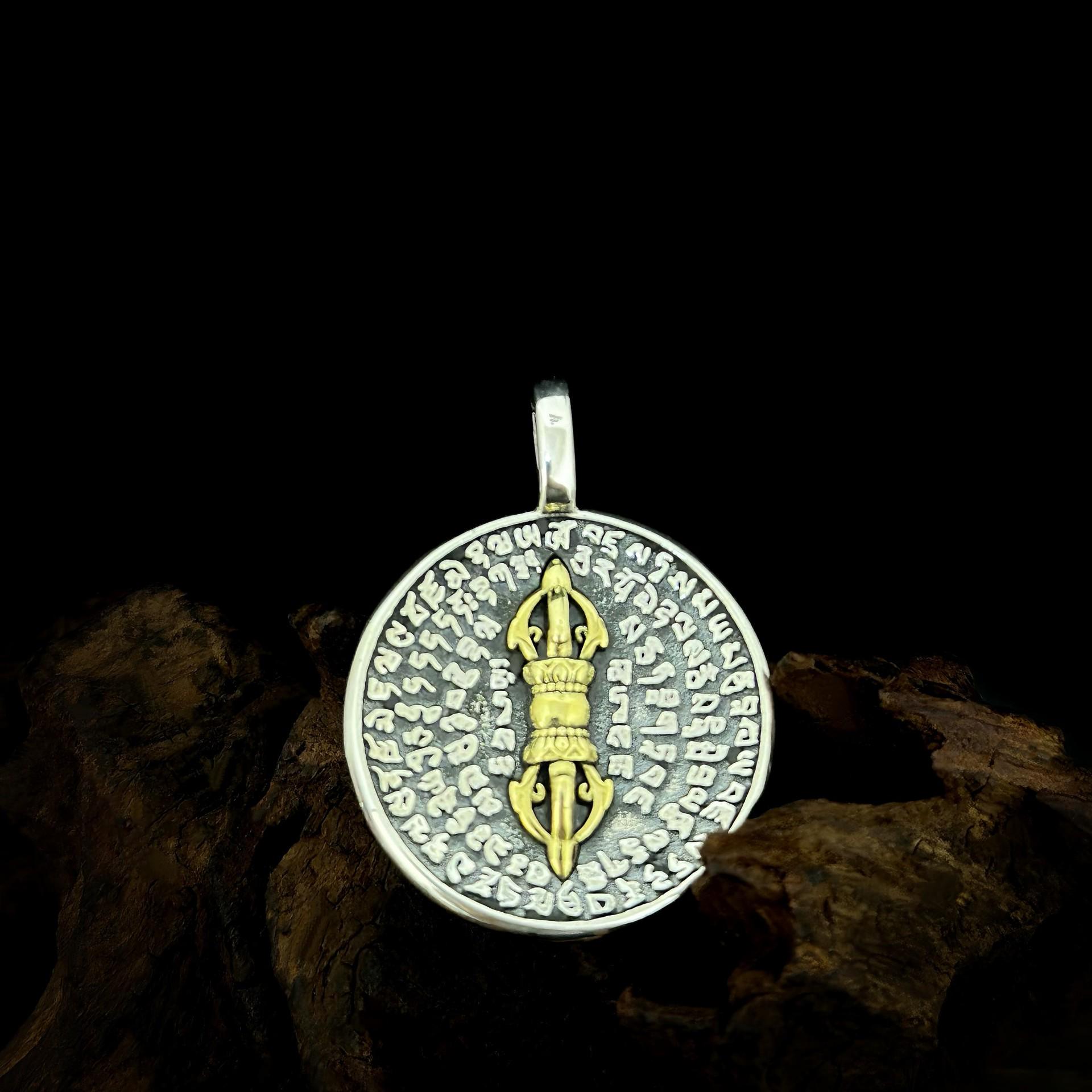 

Серебряный кулон-ваджра из стерлингового серебра S925, круглый, с санскритскими письменами - Ретро, буддийский, этнический стиль, тяжелое ожерелье 925 Silver