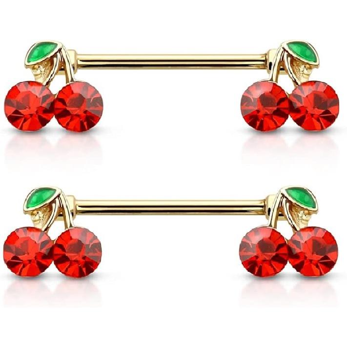 

Штанги для сосков с пирсингом Owl, 14GA, нержавеющая сталь 316L Lucky с двойными фианитами и вишневыми концами, продаются парой Gold Tone