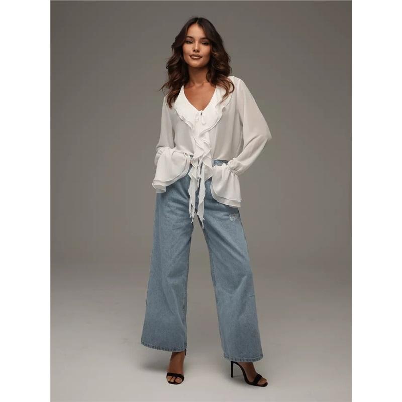 

Tooxika весна и осень новая мода оборки рукава труба V-образный вырез шнуровка универсальная рубашка для женщин S белый