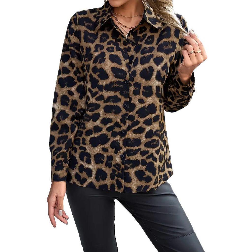 Cross-Border Women's Long-Sleeve Leopard Print Collar Shirt