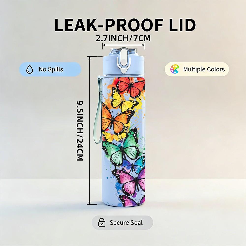 1PC Colorful Butterfly Wing Art 750ml Color Plastic Sports Water Bottle Leakproof Flip Straw Lid Suitable for Sports Office Home Use