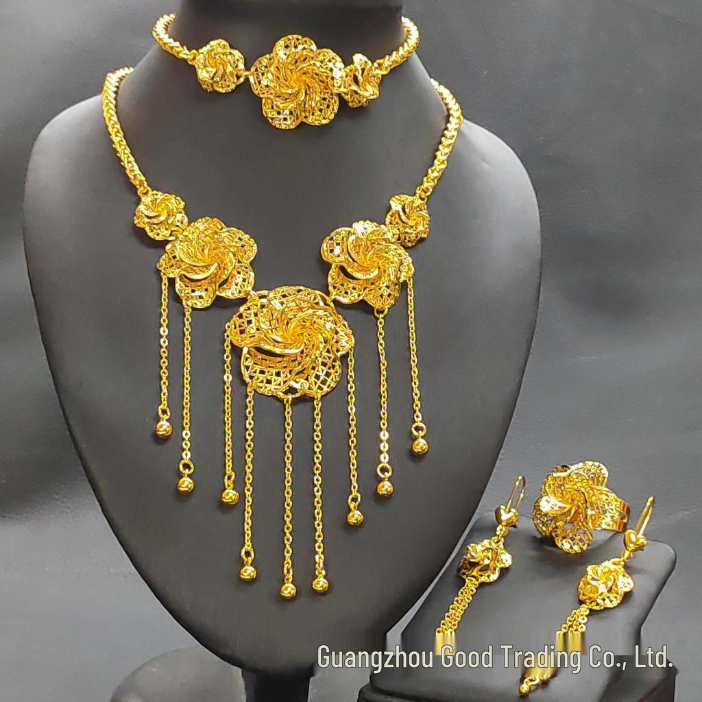 2023 Bestselling 24k Gold Flower Tassel Jewelry Set: Women's Necklace, Earrings, Bracelet & Ring for Weddings