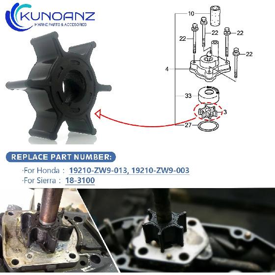 19210-ZW9-013 19210-ZW9-003 Water Pump Impeller For Honda 8 9.9 HP 8HP 9.9HP 4 Stroke Outboard Sierra 18-3100 BF8D BFP8D BF9.9 BFP9.9
