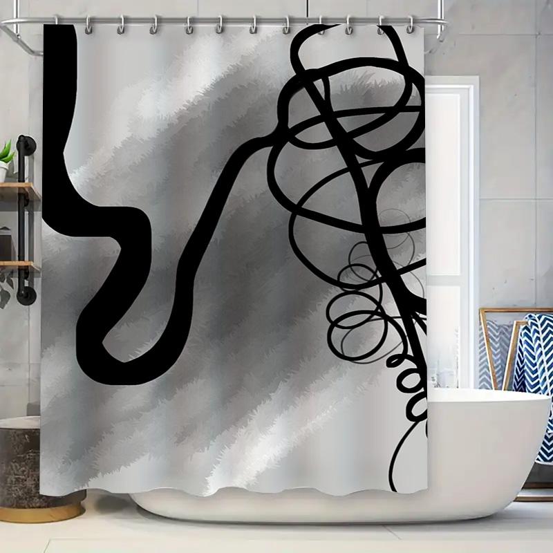 

White Bath Curtain With Black Design Print Modern Bathroom Decor Shower Curtain Set For Home Decoration In Grey W60H190(CM)-1 Pcs
