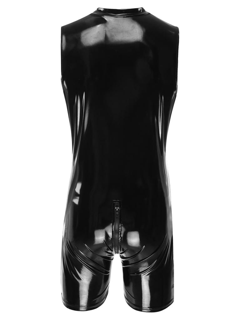 Men's Wet Look Patent Leather Bodysuit Long Sleeve Zipper Jumpsuit Catsuit Clubwear