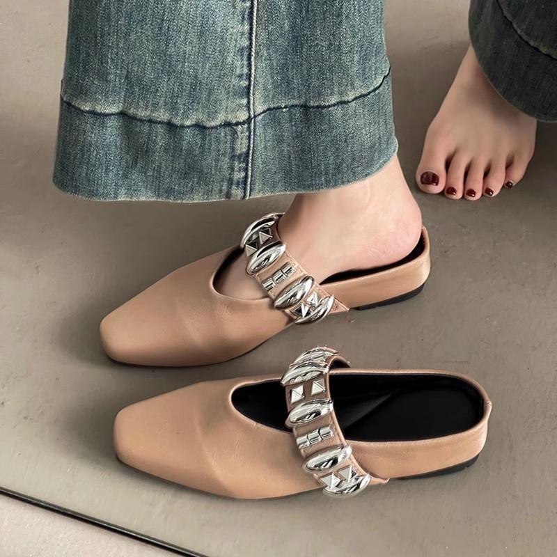 Summer New Single Shoes with Mary Jane Shoes Rhinestone Women's Bag Head Half Slippers Retro Flat Pointed Sandals