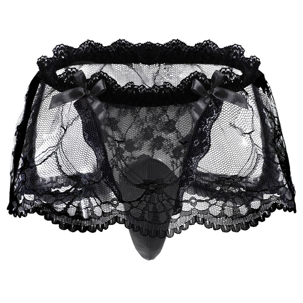 Men's Sissy Lace Skirted T-Back Frilly Bowknot Decor Crossdresser Underwear Lingerie