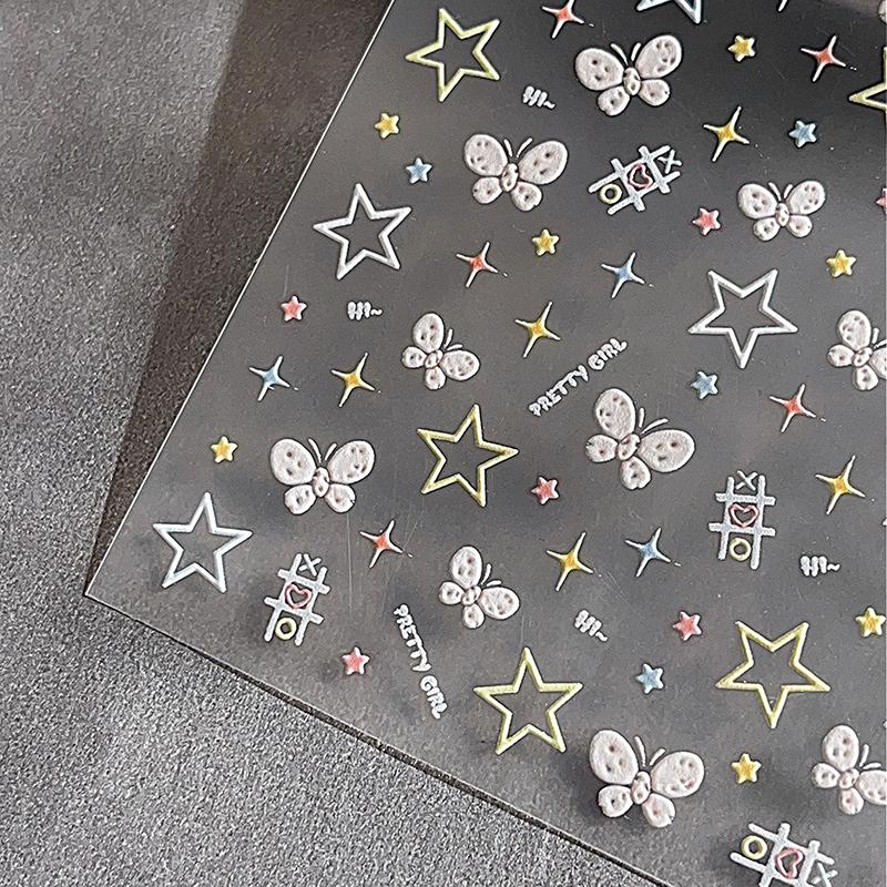

1 Sheet Colorful Five-Pointed Star Butterfly Embossed Relief Nail Art Sticker 3D Manicure Decals For Women Girls Diy