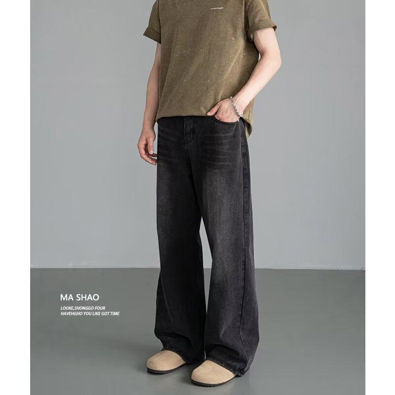 

Осенние прямые джинсы мужские потертые повседневные модные брендовые уличные дизайнерские ощущения, прочные и красивые ретро плиссированные брюки длиной до пола 3XL чёрный