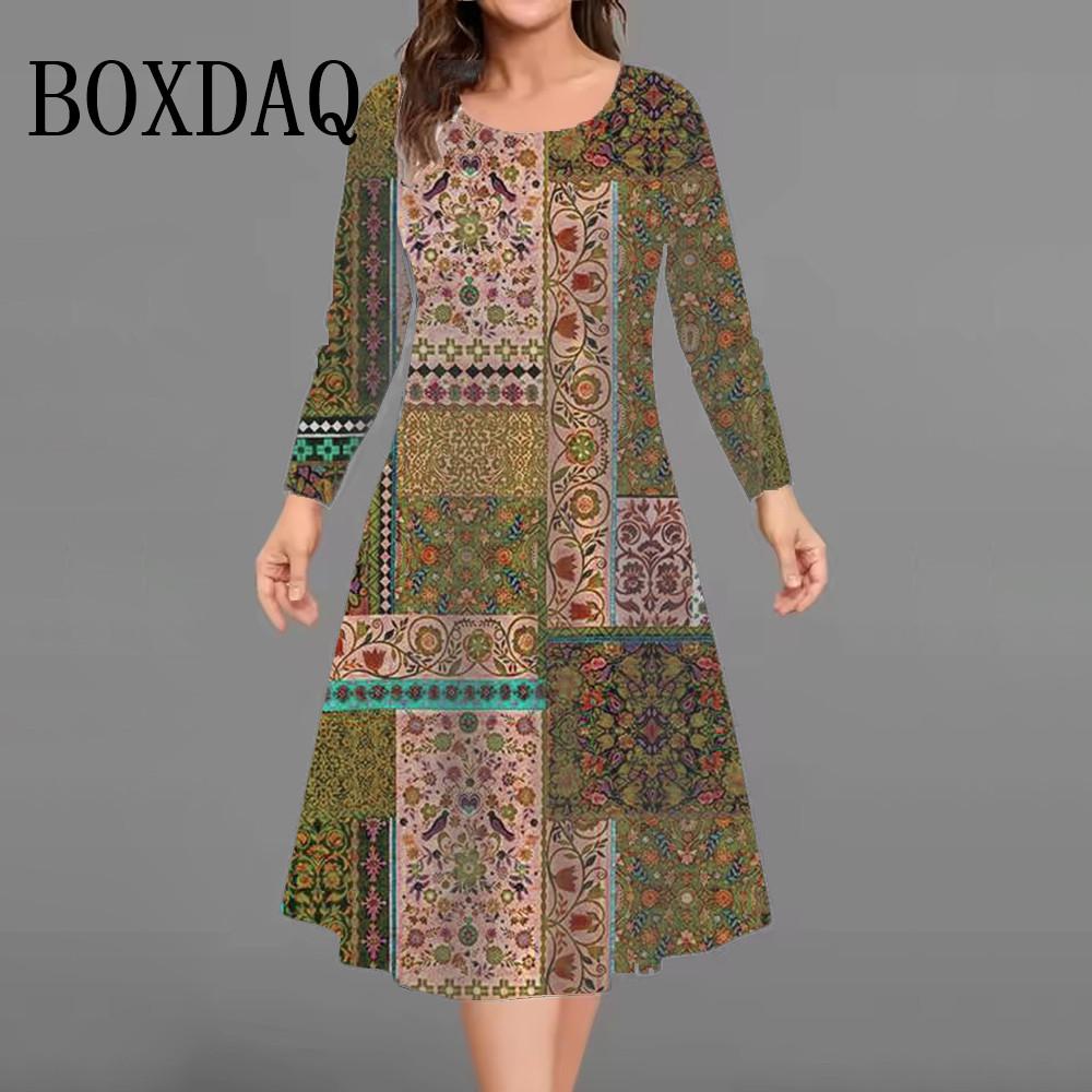 Vintage Flowers Pattern Dresses For Women Autumn Fashion Plus Size 3D Print Long Sleeve Dress Casual Female Loose Clothing