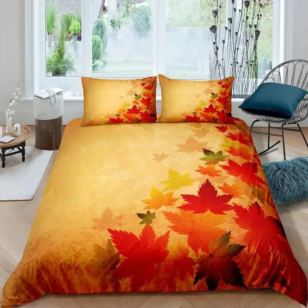 Maple Leaves Duvet Cover Set Colorful Autumn Season Maple Leaves In Unusual Designs Nature Print King Size 3D Bedding Set