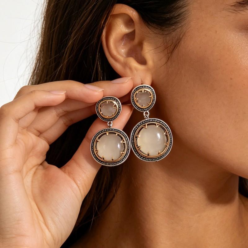 Double-Layer Color-Block Resin Rhinestone Earrings Geometric Alloy Statement Drop Women Gold