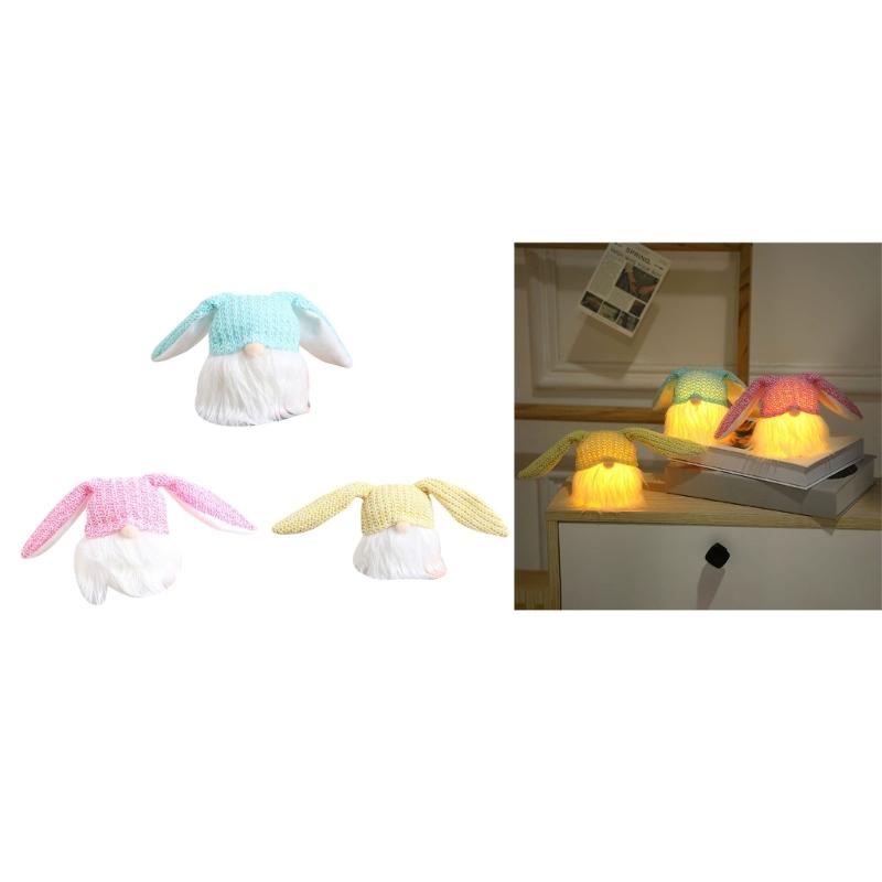 Easter Day Rabbit Decorations with Light, Handmade Gnome Doll Desk Ornament Easter Day Gift for Kid Adult
