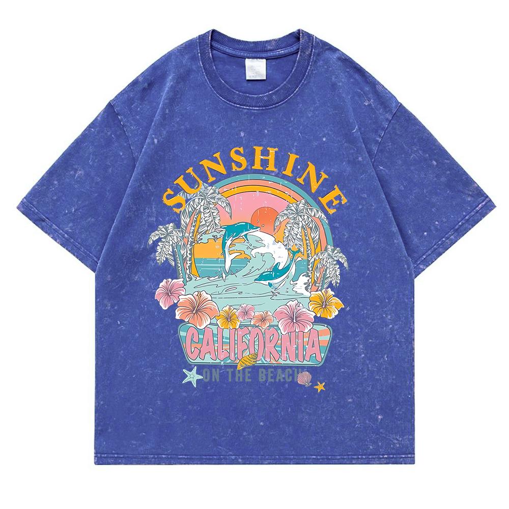 Sunshine Galifornia On The Beach Washed Retro Snow T Shirts Men Casual Clothes Loose Summer T-Shirts Fashion Short Sleeve S