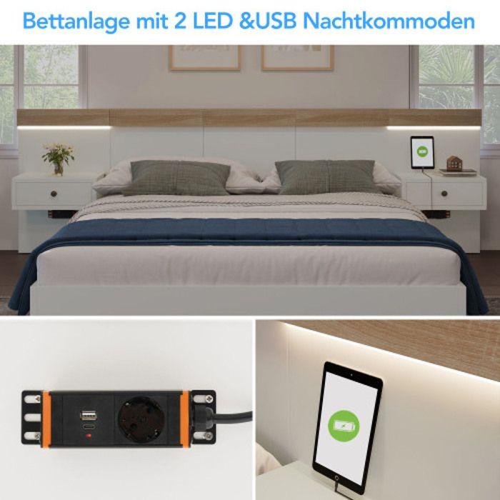 Ensemble Lit Double Avec 2 Tables De Chevet LED Et Prise USB C Lit En Bois 180 X 200 Cm, Ensemble Chêne Sonoma/blanc (sans Matelas)
