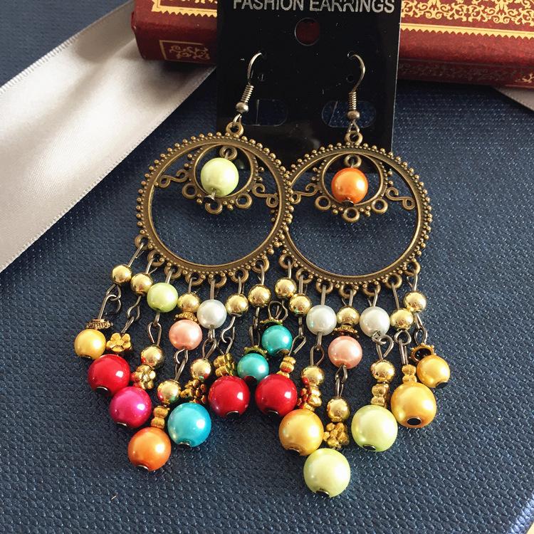 Vintage Celebrity Earrings Fashion Exaggerated Bohemian Tassel Pearl Bronze Long Beaded Earrings