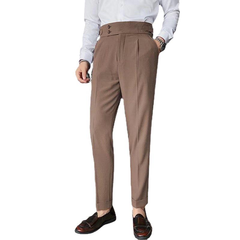 Men's Slim High-Waisted Business Trousers - Solid Color Straight Fit