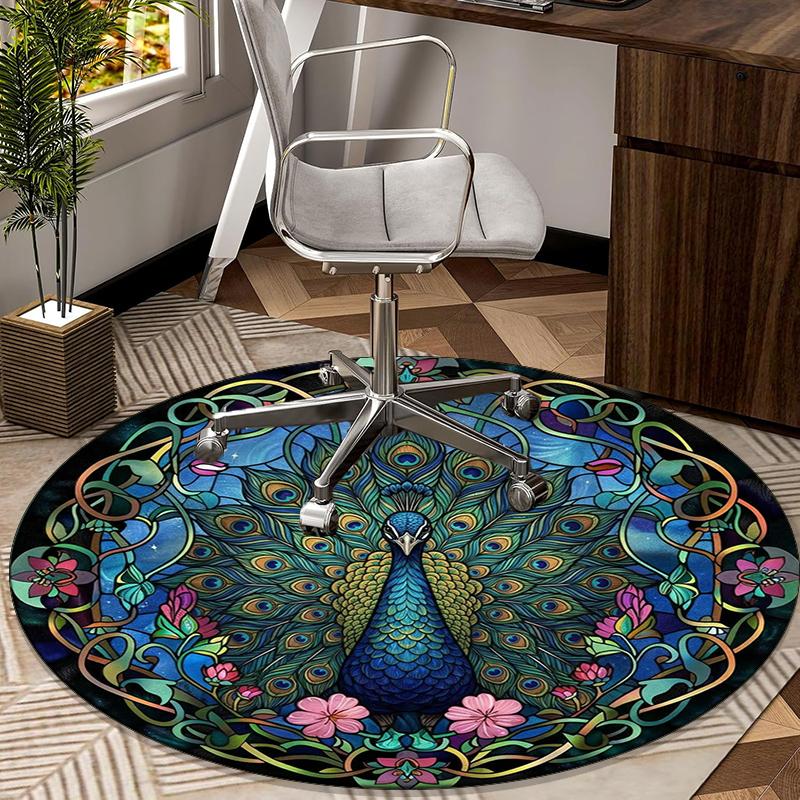 Blue Peacock Floral Art Round Carpet Chair Cushion Round Entryway Rug, Soft Round Rugs for Living Room, Bedroom, Circle Carpet Decor Gifts