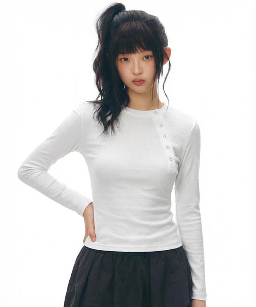 Damiswi Diagonal Snap Button Long Sleeve_White
