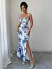 Women's Spaghetti Strap Printed Maxi Dress with Slit - Elegant Spring/Summer Evening & Vacation Attire