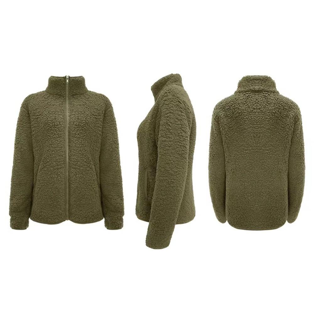 Stand Collar Solid Color Sweatshirt Women Casual Fashion Long Sleeve Zip Up Bubble Fleece Jacket