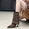 Wasteland wind pointed belt buckle high-heeled short boots women's autumn thin-heeled over-the-top trouser tube boots suede short boots