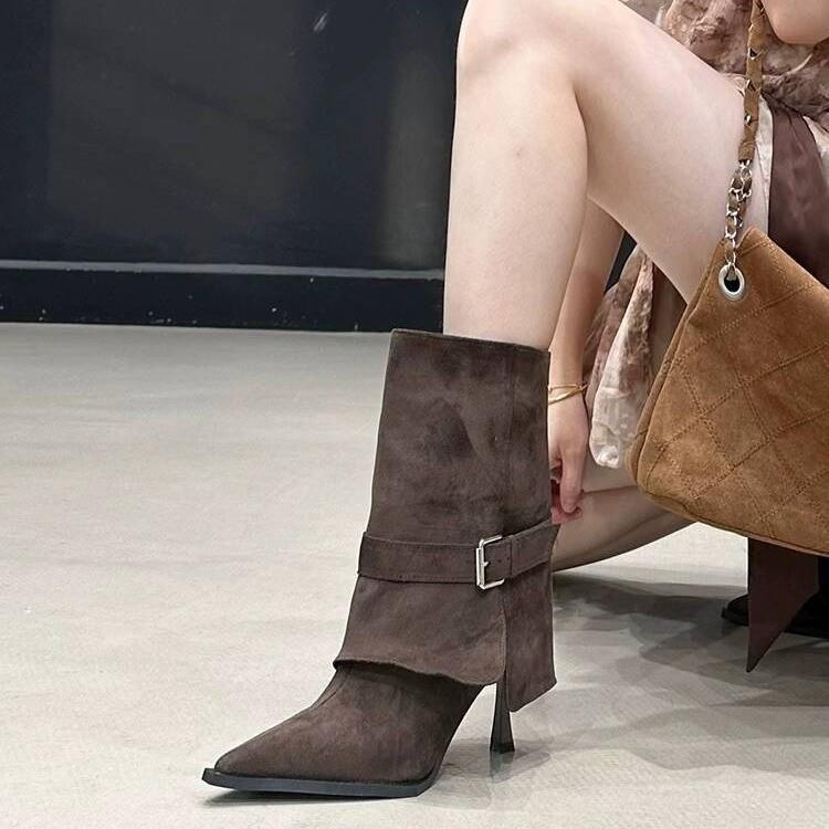 Wasteland wind pointed belt buckle high-heeled short boots women's autumn thin-heeled over-the-top trouser tube boots suede short boots