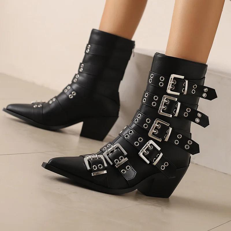 Women's Fashion Pointed Punk Style Belt Buckle Pullback Short Boots European and American Sexy Nightclub Banquet Boots