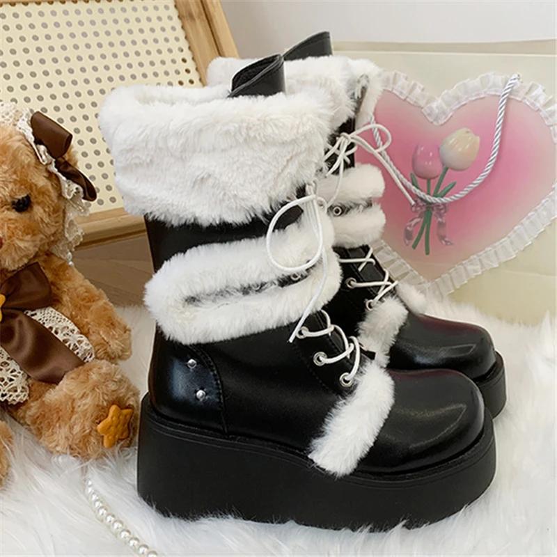 Mode Retro Dicke Sohle Plateau Erhöhen Ritterstiefel Damen Flacher Absatz Designer Lolita Schuhe Warm Halten Erhöhen Lässige Stiefeletten