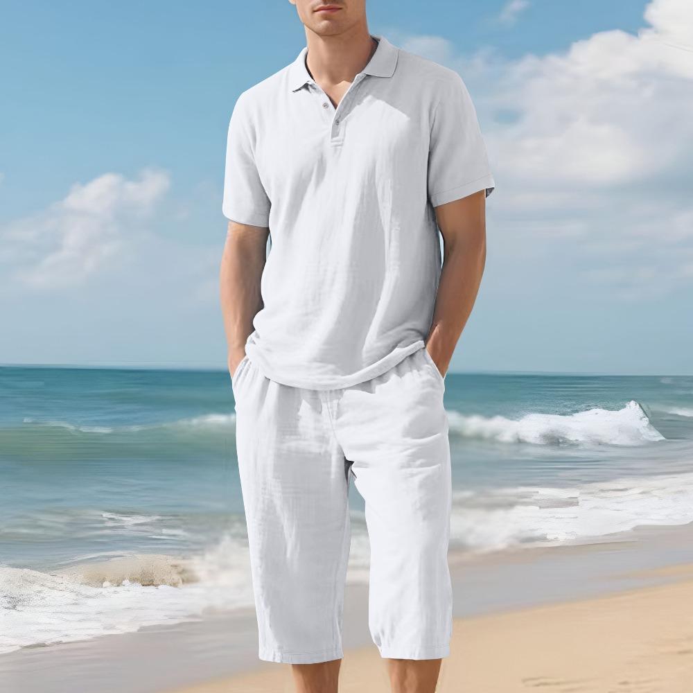 Men's Summer New Short Sleeve and Shorts Set, Made of Linen Fabric, A High-Quality Two-Piece Short Sleeve and Shorts Set