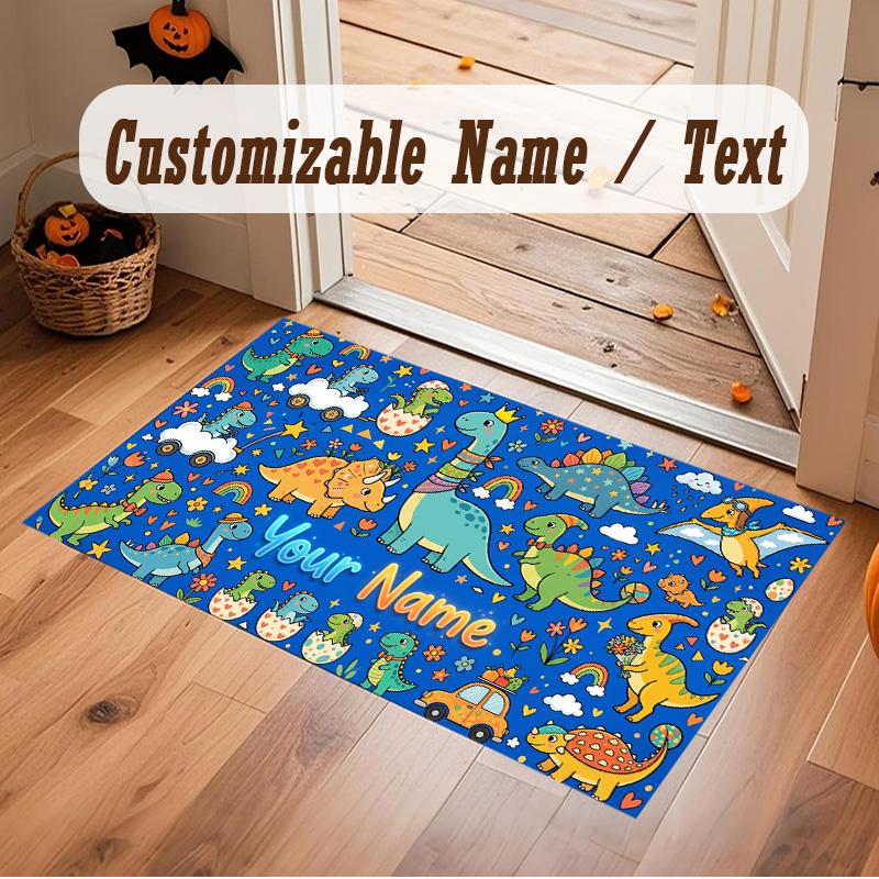 Dinosaur Theme Soft Crystal Velvet Rug Custom Name & Text Print Non Slip Floor Rug for Bedroom Living Room