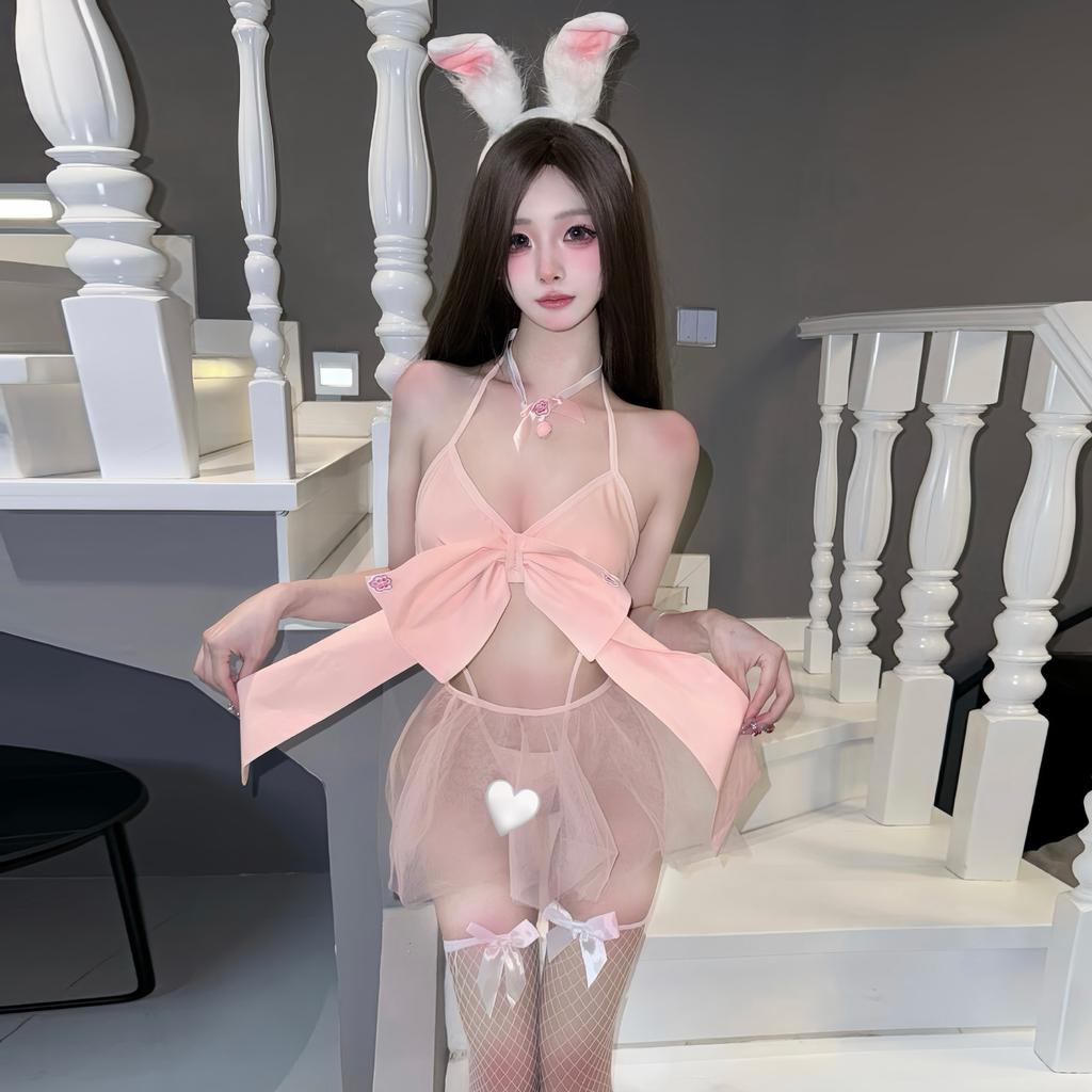 Sex Underwear Pink Bow Chest Pad Three-point Pure Desire Temptation Splicing Mesh Perspective Free