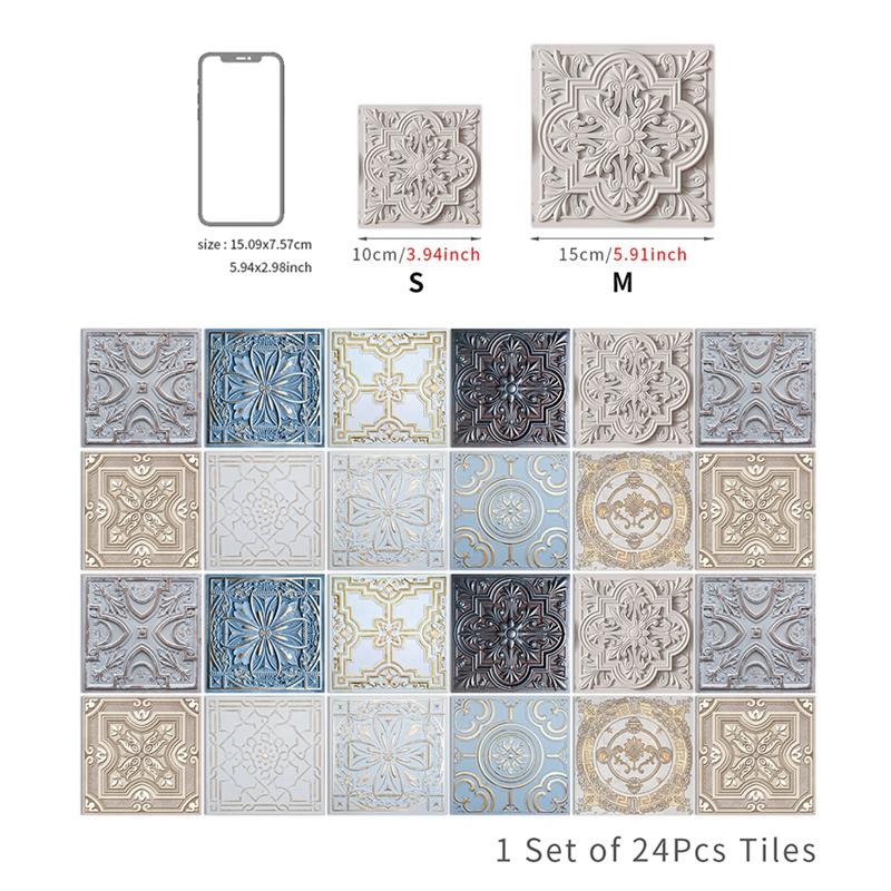24PCS Moroccan Wall Sticker Self-adhesive Tile Stickers for Kitchen Bathroom Mandala Patterned Art Waterproof Wall Sticker Decal